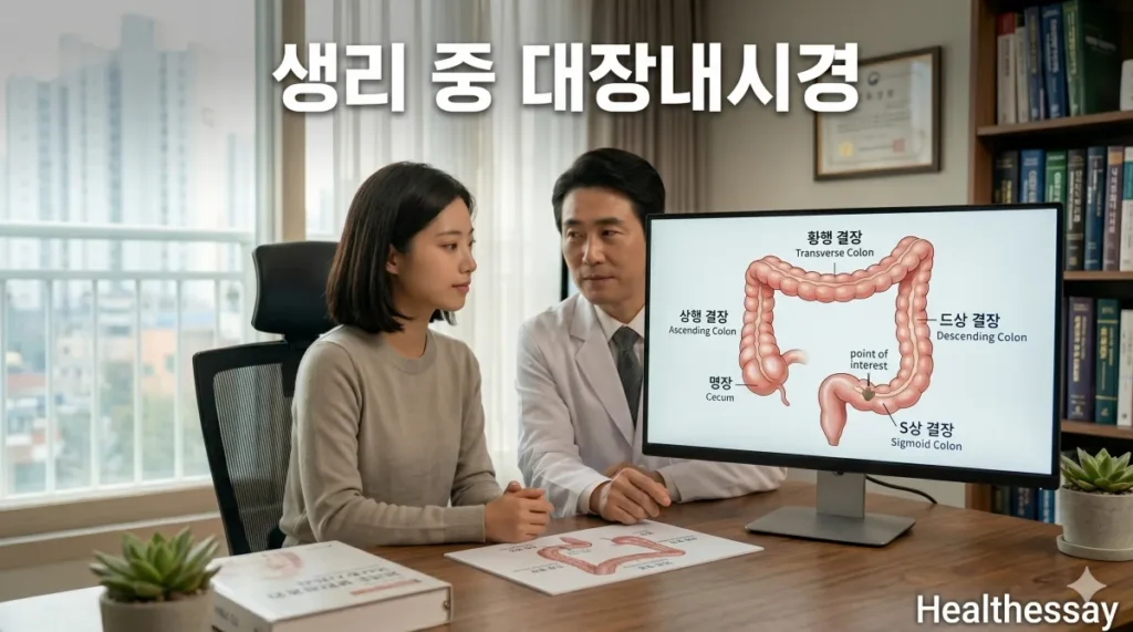생리 중 대장내시경 가능 여부에 대헤 설명을 듣는 모습