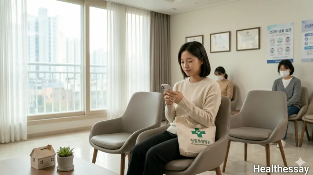 병원 대기실에 앉아 대장내시경 생리 중 검사 수칙을 확인하는 모습