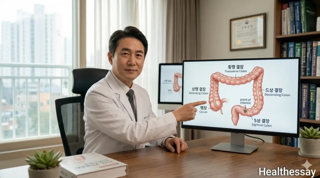 의사가 대장내시경 검사 전 정결 상태의 중요성을 설명하는 모습