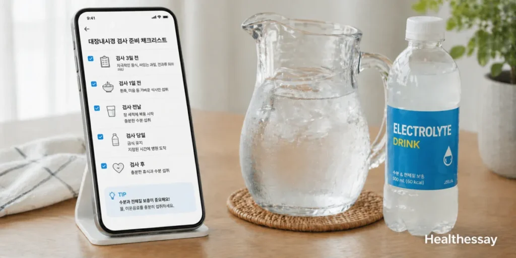 스마트폰으로 대장내시경 약 복용법 전 주의사항 리스트를 꼼꼼히 살피는 모습