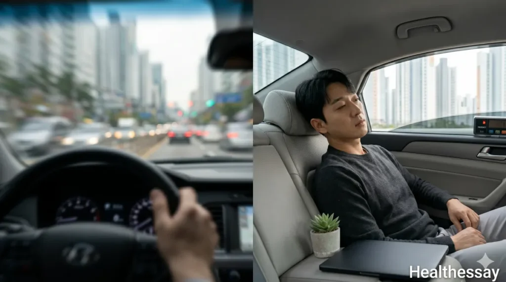 대장내시경 후 흐릿한 운전석 시야와 대비되는 안전한 택시 귀가 상황을 비교한 모습