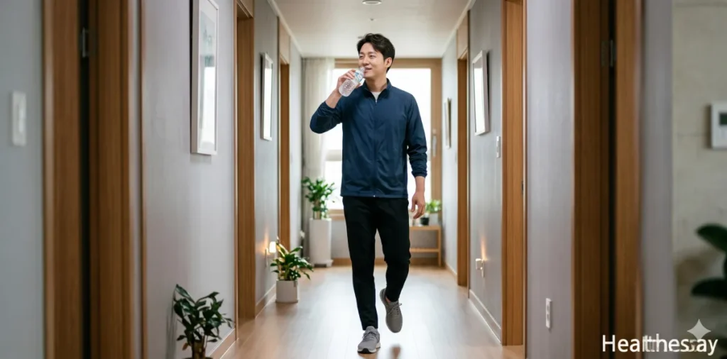 장 정결 확인법 위해 물을 마시며 걷는 운동을 하는 모습