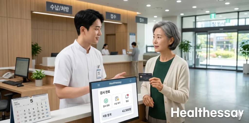 위내시경 조직검사 결과 기간 및 비용 보험 실비 총정리 5 건강검진 위내시경 추가비용 발생에 대해 설명을 듣고 수납하는 모습