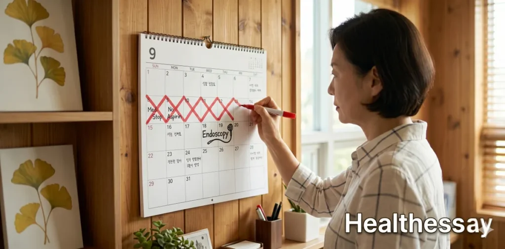 위내시경 전 아스피린 성분이 유발하는 출혈을 막고자 검사 일주일 전부터 일정을 체크하는 모습