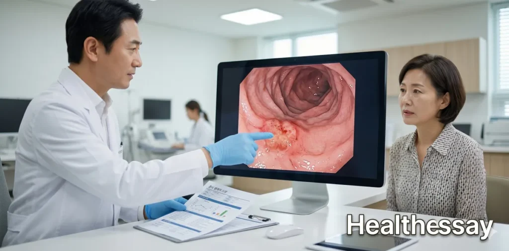 위내시경 결과지 용어 해석 및 위염 역류성 식도염 등급 가이드 4 만성 표층성 위염 소견과 미란성 위염 단계의 상처를 보며 대처법을 상담하는 모습