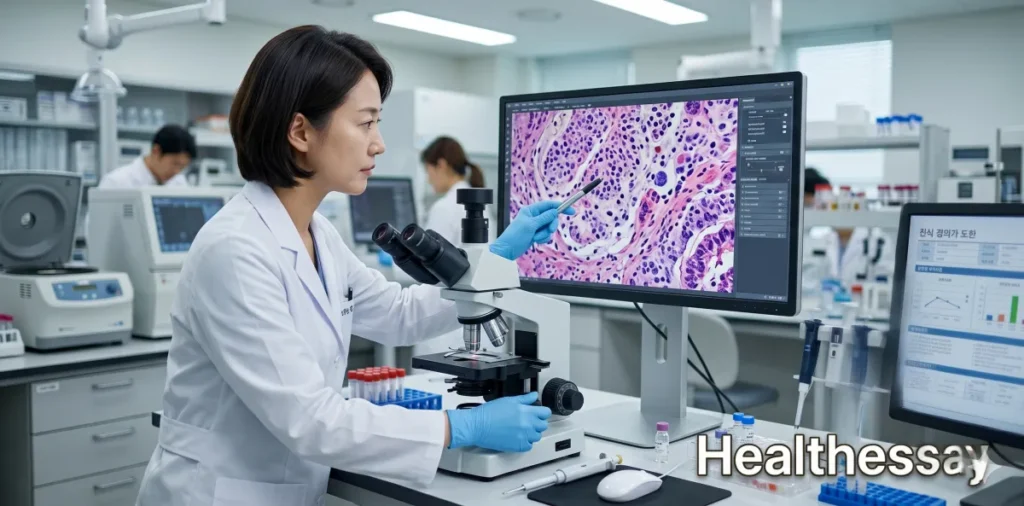 위내시경 결과지 용어 해석 및 위염 역류성 식도염 등급 가이드 5 만성 위축성 위염 단계를 거쳐 세포가 변형되는 상피 조직을 정밀 장비로 관찰하는 모습