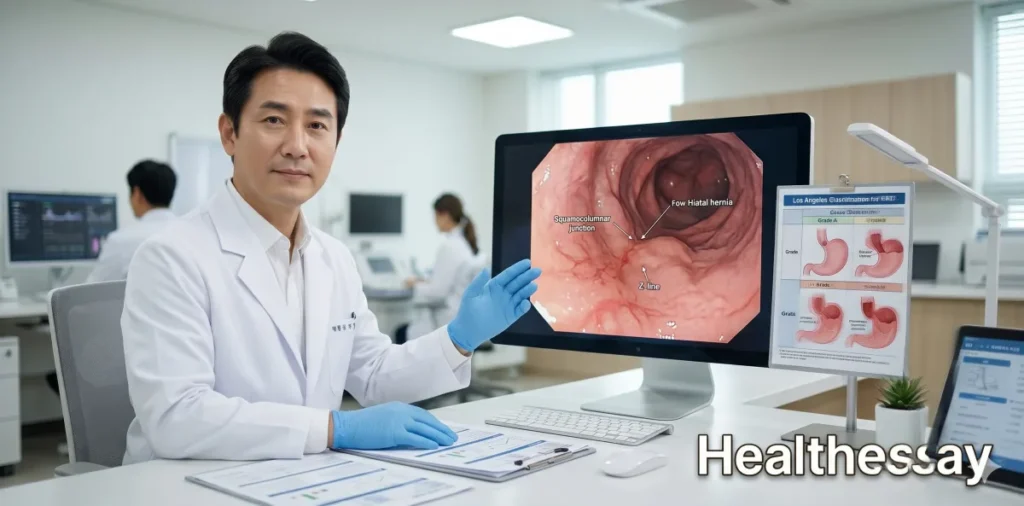 위내시경 결과지 용어 해석 및 위염 역류성 식도염 등급 가이드 6 역류성 식도염 등급 분류를 위해 점막에 생긴 염증 궤양의 진행 단계를 판정하는 모습