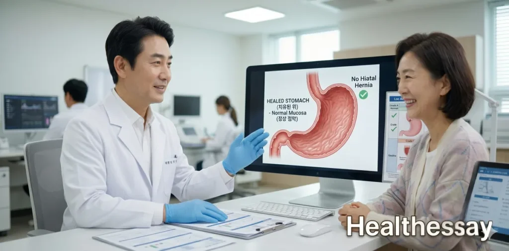 위내시경 결과지 용어 해석 및 위염 역류성 식도염 등급 가이드 7 내시경 결과 조직검사 소견 확인 후 양성 궤양이 치유되는 변화를 보며 안도하는 모습