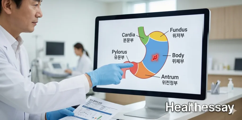 위내시경 결과지 용어 해석 및 위염 역류성 식도염 등급 가이드 3 위내시경 결과지 용어 이해를 위해 위장 부위별 전정부 체부 위치를 확인하는 모습