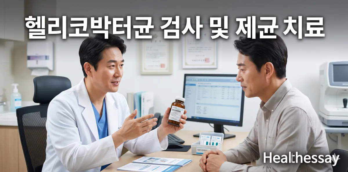 헬리코박터균 검사 비용과 제균 치료 과정을 설명하는 의료진과 환자의 모습