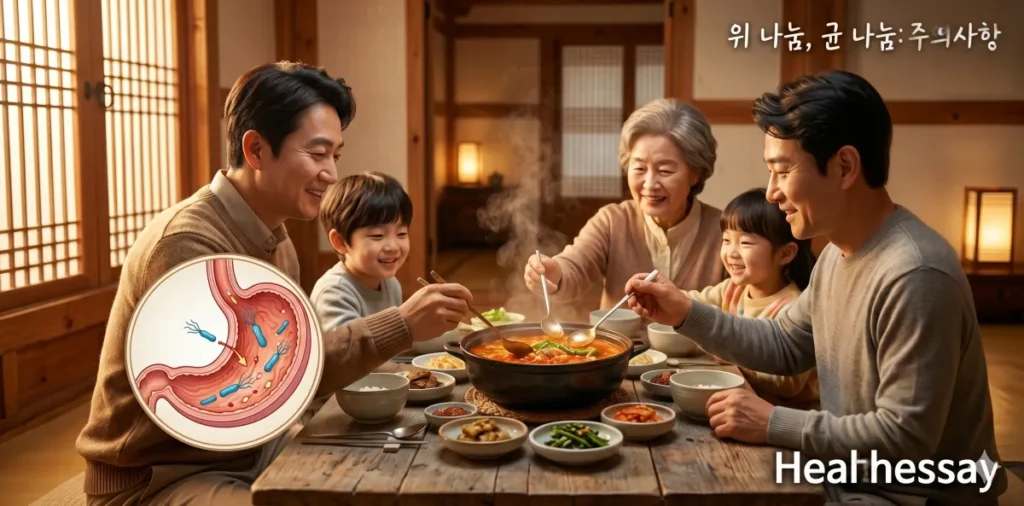 헬리코박터균 전염 경로가 될 수 있는 다 같이 식사하는 생활 속 모습
