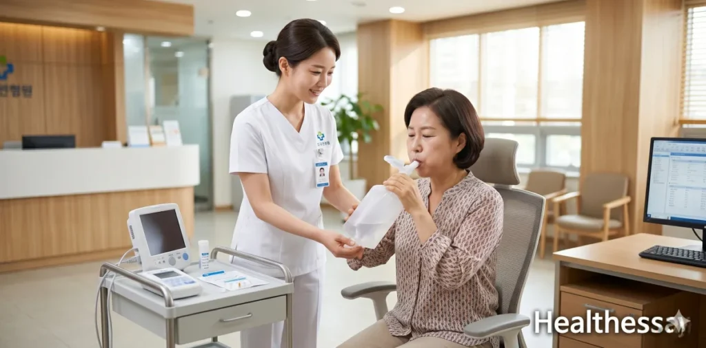 헬리코박터균 검사 비용 대비 간편한 요소호기검사를 직접 진행하는 모습