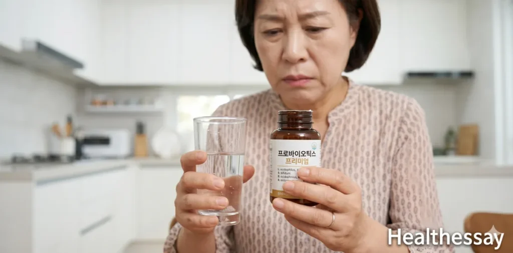 헬리코박터균 약 부작용 증상을 완화하기 위해 유산균을 챙겨 먹는 모습