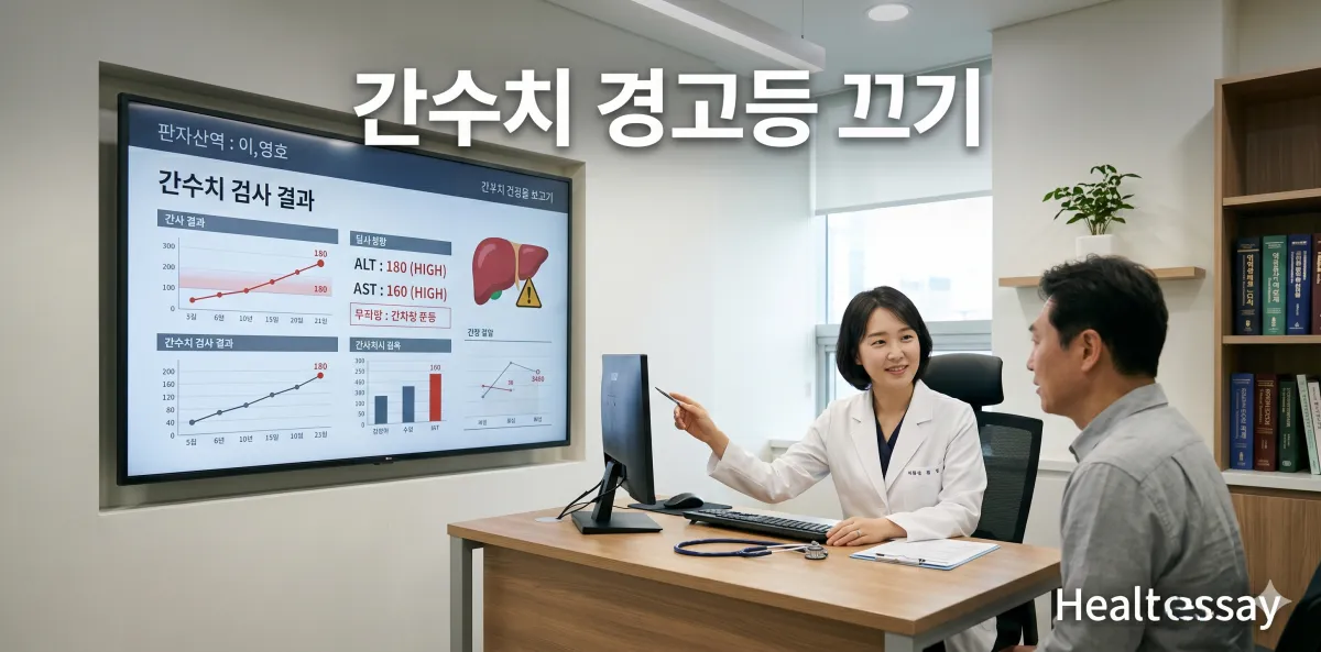 모니터에 간수치 ALT AST 높음 상태를 나타내는 지표를 바라보는 모습