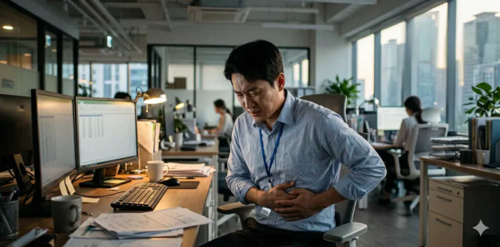 간수치 ALT AST 높음 때문에 힘들어 하며 오른쪽 배를 만지는 모습