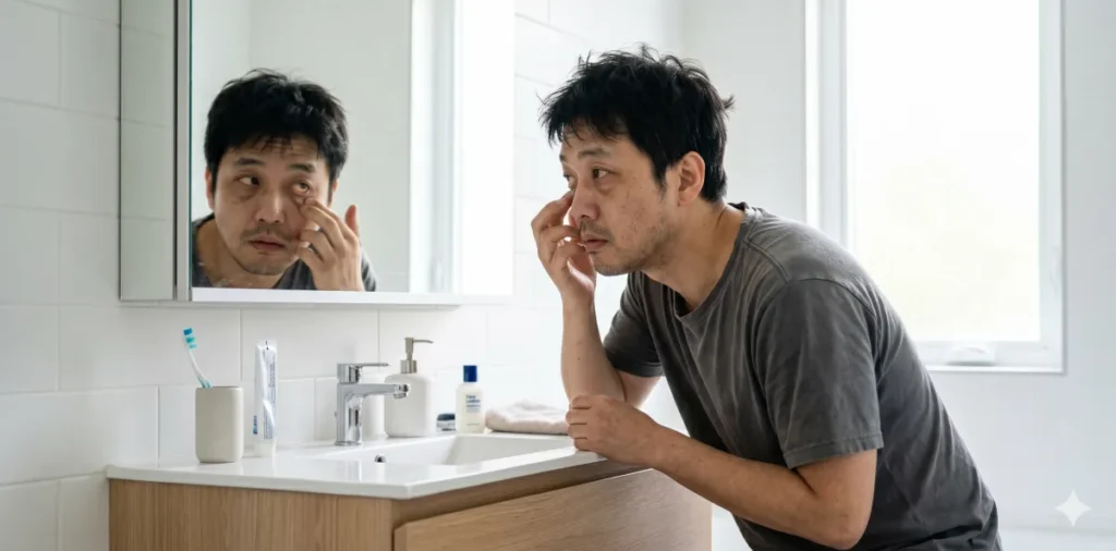 급성 만성 간염 증상 발현으로 거울을 보며 안색을 점검하는 남성의 모습