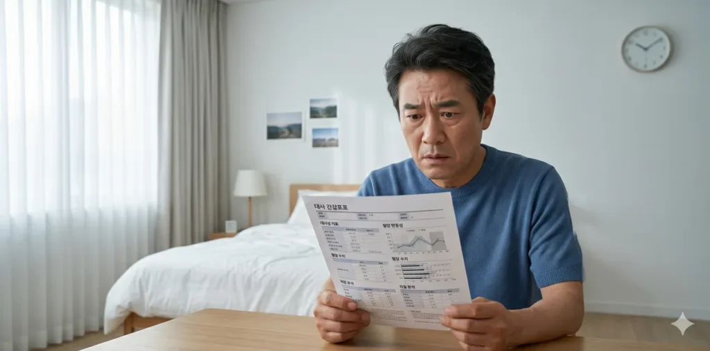 대사증후군 진단기준 5가지와 질환의심 결과표 해석 방법 3 우려 섞인 표정으로 국가건강검진 결과표 해석 기록지를 꼼꼼히 읽는 모습