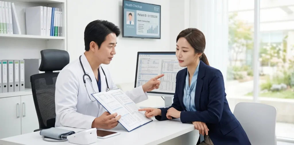 상담실에서 건강검진을 상담하는 여성의 모습