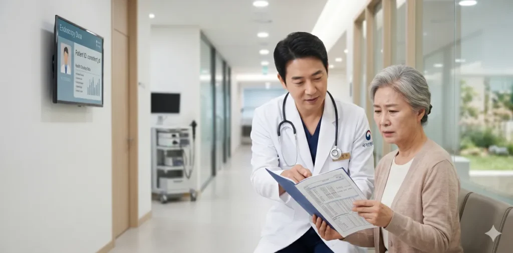 검사 결과 보고서를 보며 걱정하는 중년 여성의 모습