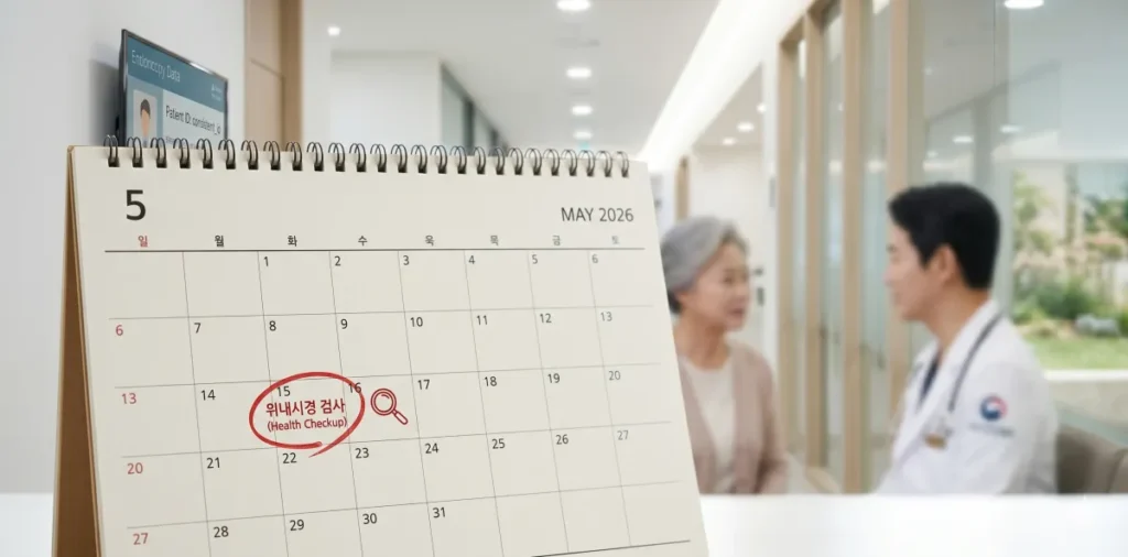 탁상달력에 내시경 정기 예약일을 적는 모습