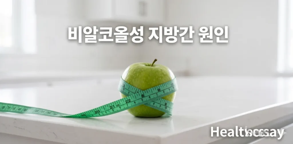 비알코올성 지방간 원인 파악 및 확실하게 내장지방 빼는 식단 2 비알코올성 지방간 원인 분석을 상징하는 깨끗한 풋사과와 녹색 줄자 모습