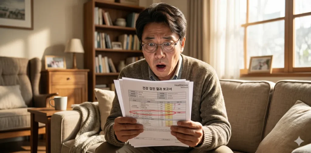 비알코올성 지방간 원인 파악 및 확실하게 내장지방 빼는 식단 3 간세포 염증 신호 진단을 받고 거실에서 충격에 빠져 서류를 보는 모습