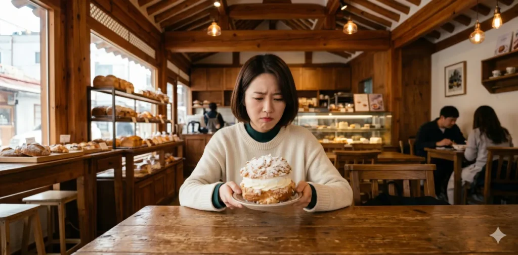 비알코올성 지방간 원인 파악 및 확실하게 내장지방 빼는 식단 4 탄수화물 과다섭취 문제 심각성을 보여주듯 달콤한 빵을 들고 고민하고 있는 모습