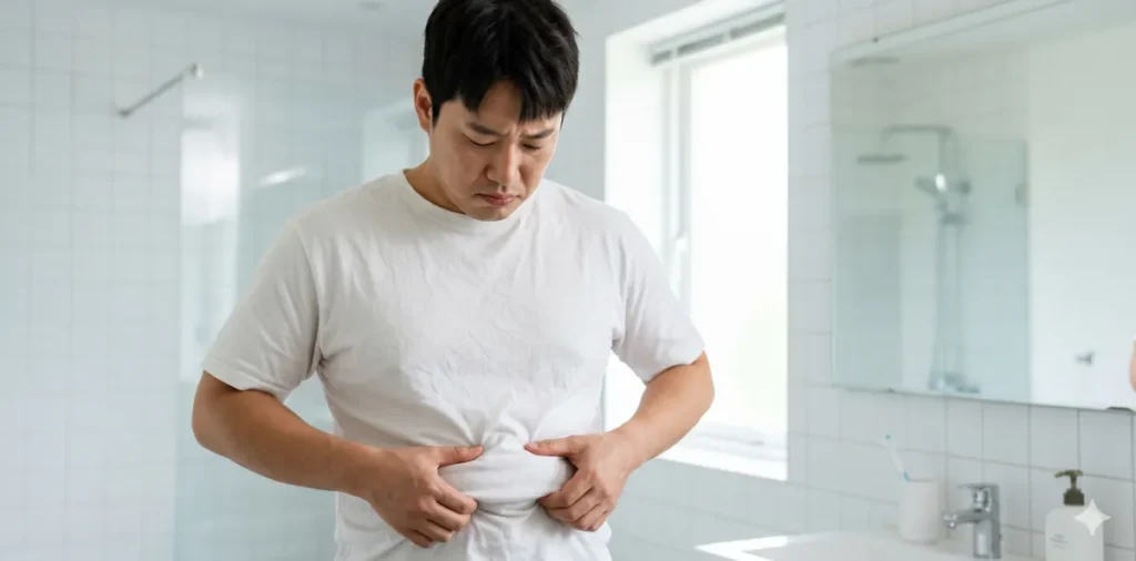 비알코올성 지방간 원인 파악 및 확실하게 내장지방 빼는 식단 5 복부 비만 관리 방법 실천을 결심하며 화장실에서 불룩한 배를 잡아보는 모습