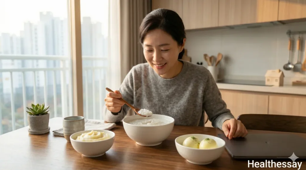 장에 무리가 가지 않도록 부드러운 죽을 섭취하는 모습