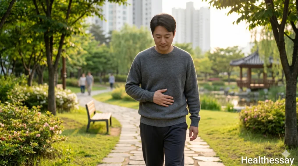 공원에서 천천히 걸으며 복부 불편감을 해소하는 모습
