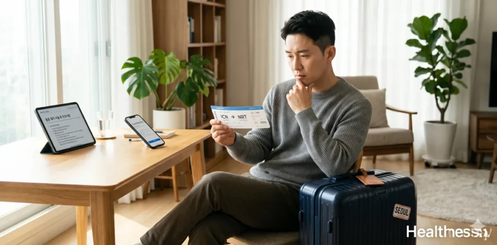 기압 차를 고려하여 비행기 탑승 시기를 고민하는 모습	대장내시경 용종 제거 후 비행기 탑승 체크	여행 가방 앞에서 항공권과 주의사항을 대조하며 확인하는 모습
세트 6	상처 부위 자극
