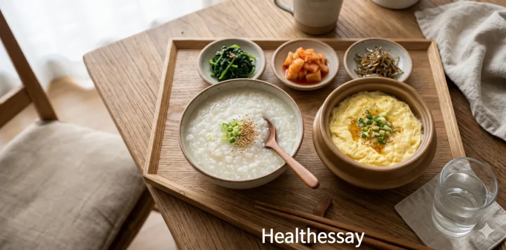 상처 부위 자극을 줄이는 흰 죽과 계란찜으로 차려진 식사 모습