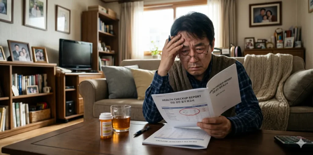 건강검진 간수치 낮추는 법 영양제 조합과 밀크씨슬 부작용 3 간세포 손상 신호 확인 후 심각하게 검진표를 보는 모습