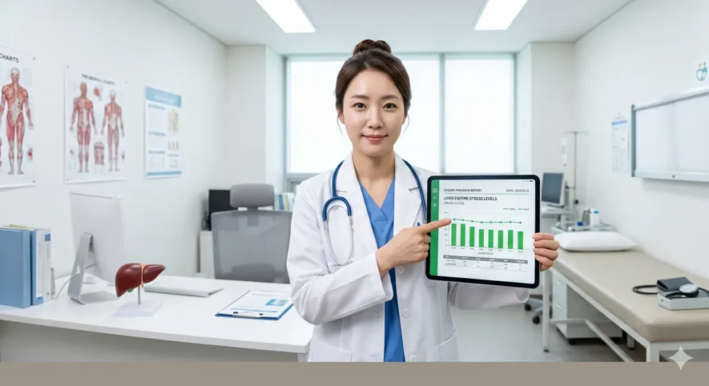 건강검진 간수치 낮추는 법 영양제 조합과 밀크씨슬 부작용 4 간기능 정상수치 범위 확인을 위해 그래프를 살피는 모습