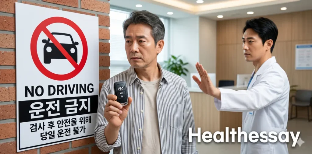 수면 내시경 운전 금지 수칙을 확인하고 차 키를 내려놓는 모습
