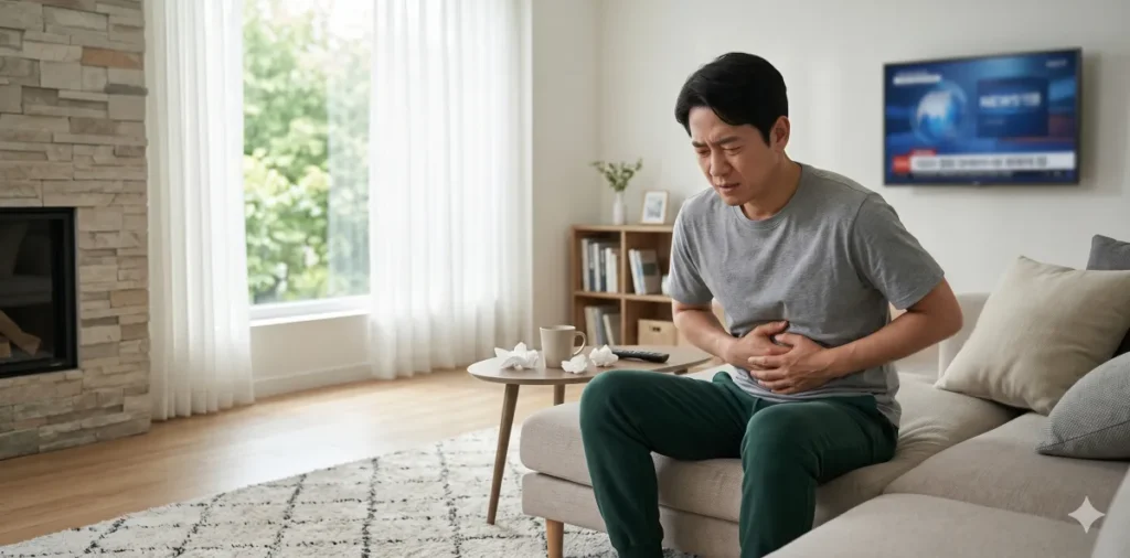 명치 통증 원인 질환으로 고통을 느끼는 모습
