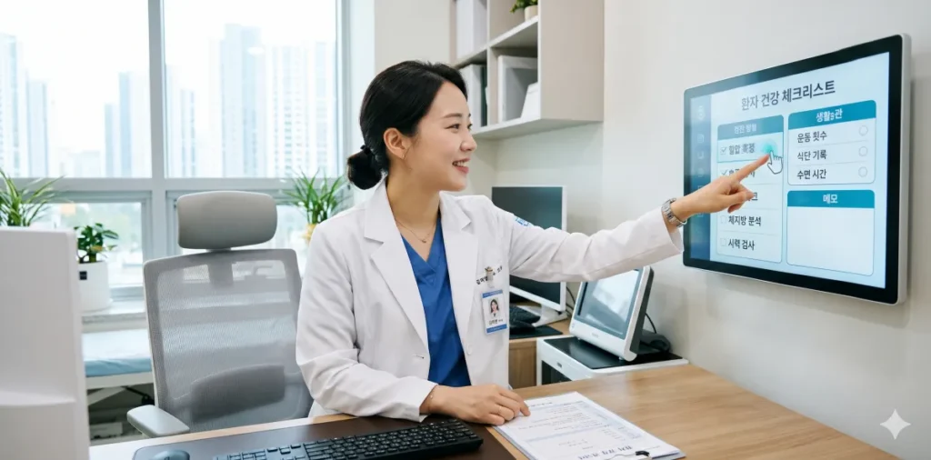 모니터 화면의 역류성 식도염 증상 지표 체크를 진행하는 모습