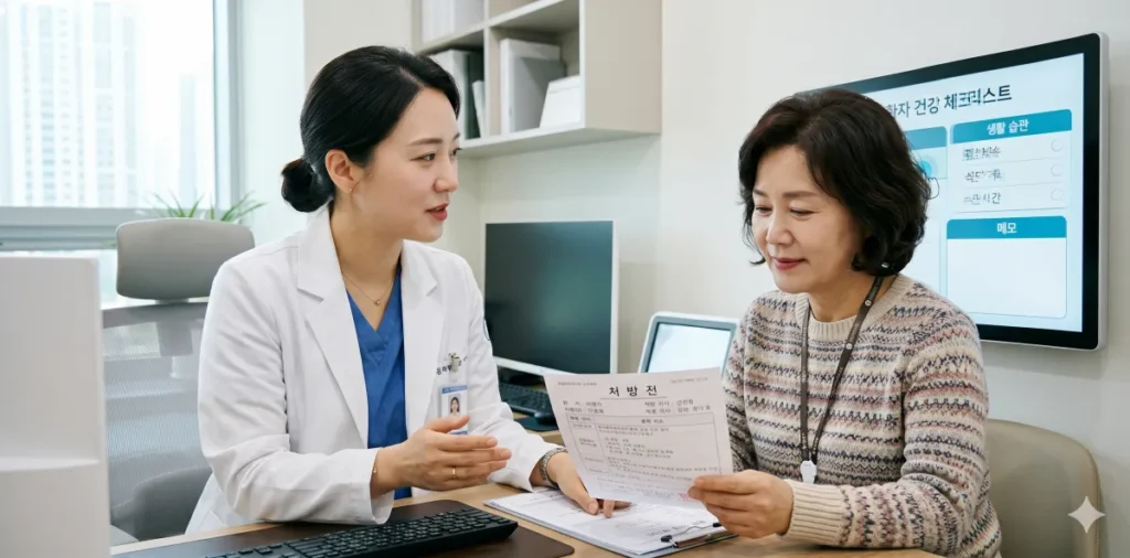 처방전 결과지를 보며 만성 위궤양 증상 예방을 위해 상담하는 모습