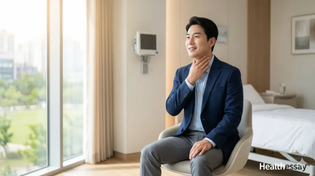 검사 종료 후 진료실 회복실 의자에 앉아 목 상태를 살피는 모습