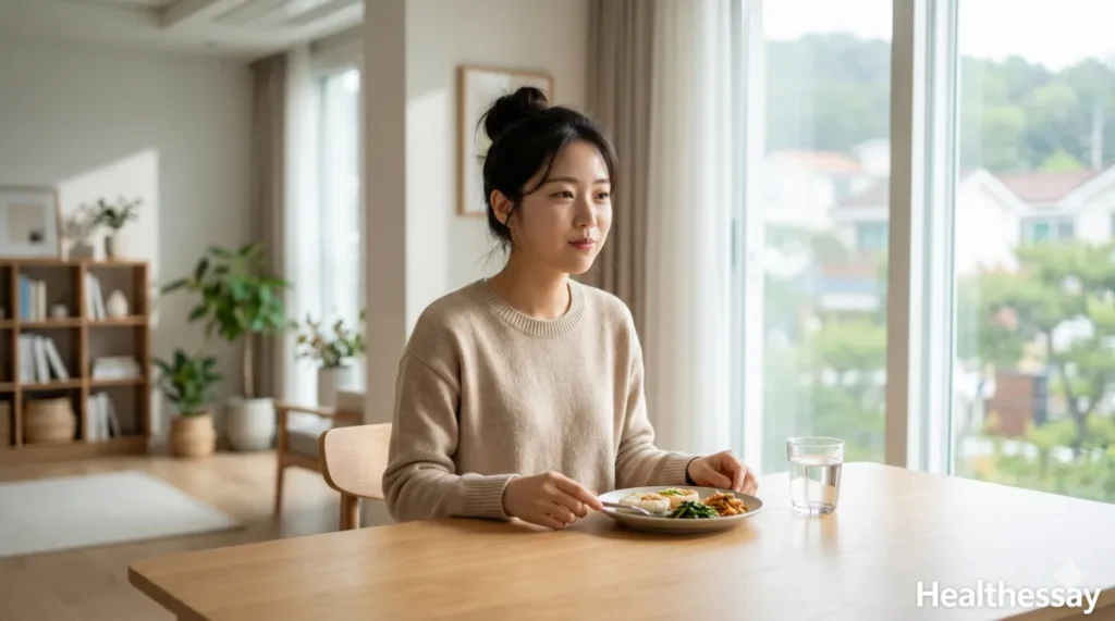 식탁에 앉아 위장에 가스가 차지 않도록 음식을 천천히 씹어 삼키는 모습
