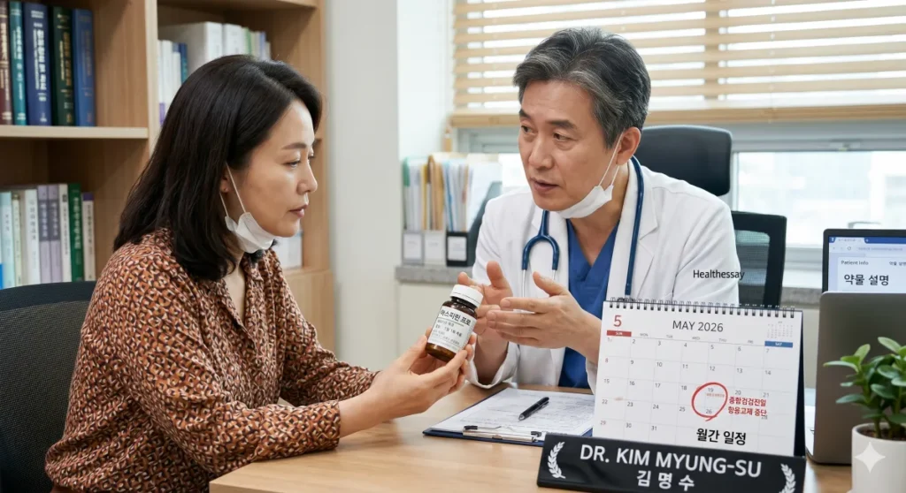위내시경 주의사항 확인을 위해 복용 중인 약물 상담을 받는 모습