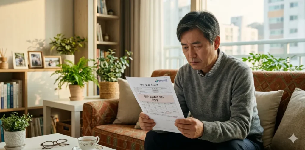 대사증후군 관리 노력이 물거품 되어 절망하며 결과지를 손에 꽉 쥐고 있는 모습