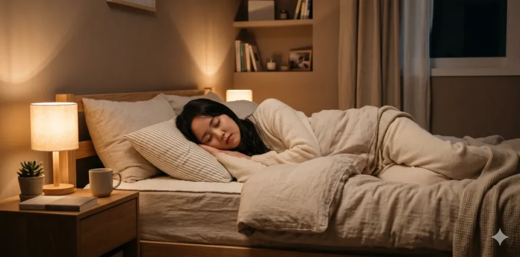 수면 부족을 막기 위해 고요한 침실에서 이불을 덮고 아주 편안히 깊게 잠든 모습