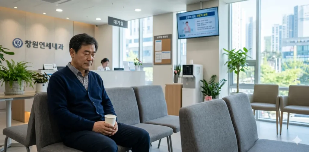 건강검진 금식시간 규정을 지키려고 대기실에 앉아 빈 컵만 가만히 보고 있는 모습