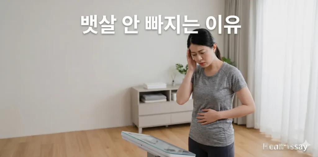뱃살 안 빠지는 이유를 심각하게 고민하며 체중계를 내려다보고 좌절하는 모습