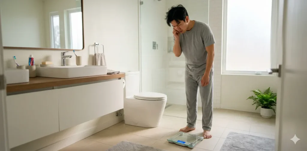 다이어트 정체기 극복 원인을 찾으려고 화장실 체중계 위에서 심각하게 고민하는 모습