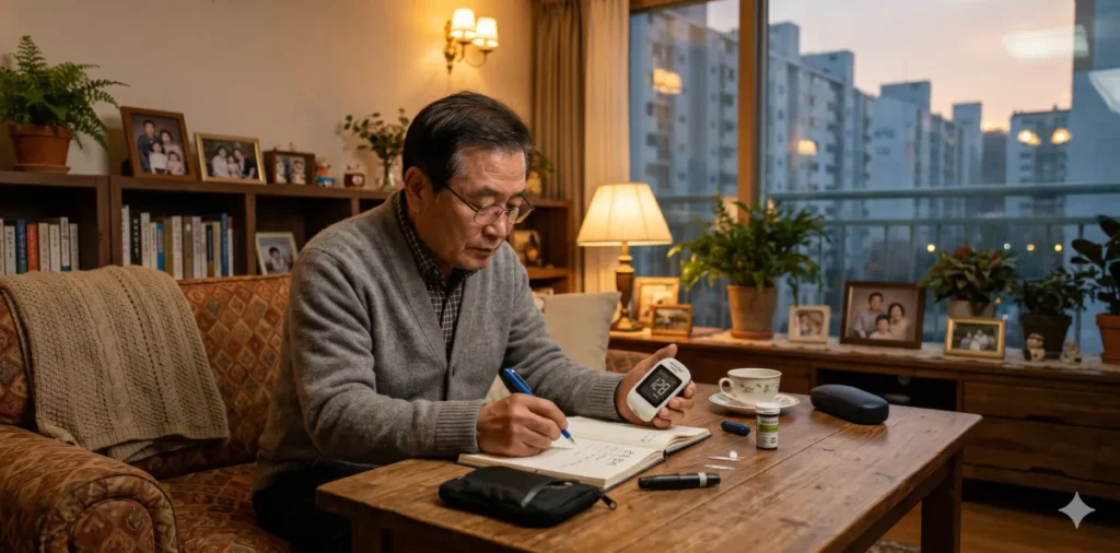 공복 혈당 수치 관리를 목표로 아침에 일어난 직후 수첩에 꼼꼼하게 메모를 하는 모습