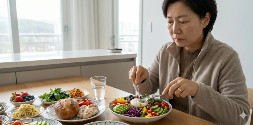 건강검진 수치 정상화 달성을 위해서 식사할 때 신선한 채소부터 먼저 씹어 먹는 모습
