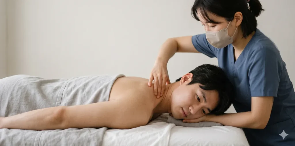 공복 스트레칭 효과! 대사 효율 높이는 아침 10분 루틴 5 기상 후 스트레칭 동작의 일환으로 목 주변 림프절을 부드럽게 문지르는 모습