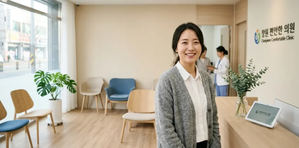 병원 진료실에서 의사에게 건강 관련 상담을 받는 밝은 표정의 여성 모습